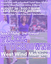 Promotional event poster for the Beach Mahjong 2nd Annual Tiles & Touchdowns, featuring a blurred photo of a cheerleader on a football field with purple and white text detailing event dates, location at Lawless Coast Brewery, and West Wind Mahjong.